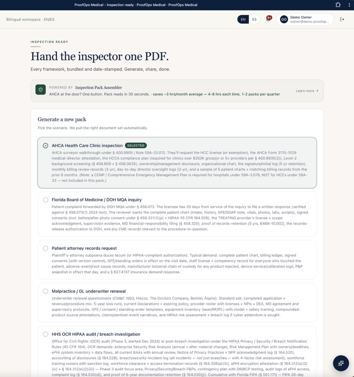 The one-click inspection pack screen that assembles the bound, bookmarked PDF an AHCA surveyor receives