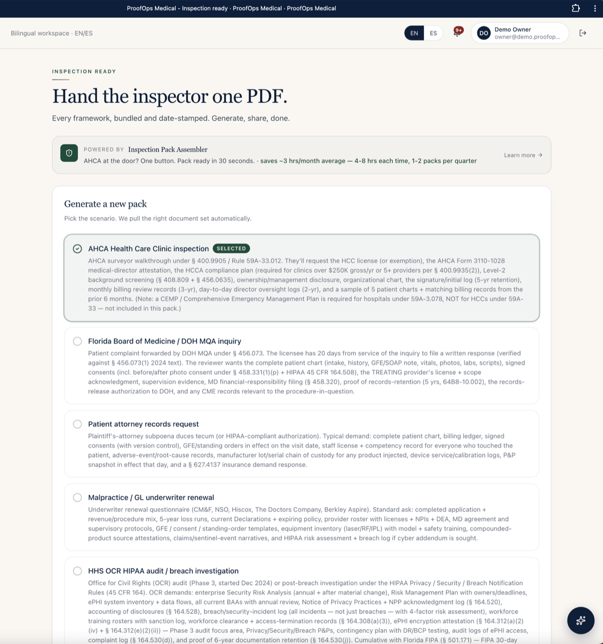 The inspection-pack screen: pick the scenario and the complete auditor-ready PDF assembles in one click